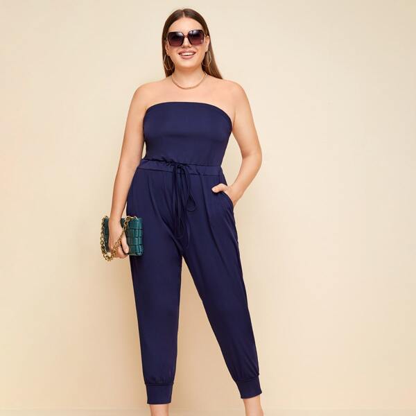 

Plus Drawstring Waist Tube Jumpsuit, Navy blue