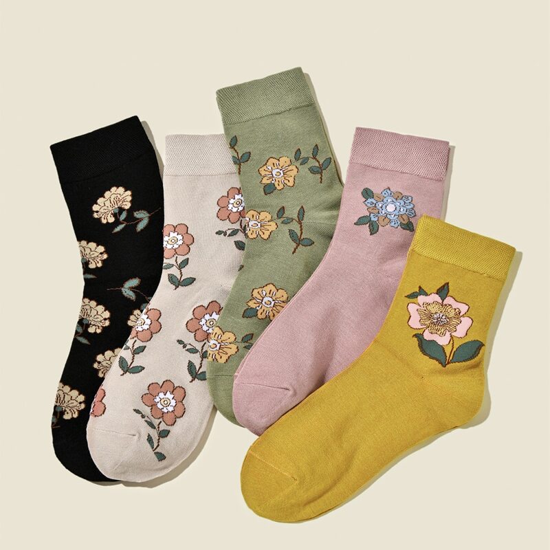 

5pairs Flower Pattern Ankle Socks, Multicolor