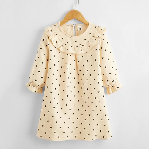 

Toddler Girls Ruffle Trim Polka Dot Dress, Beige