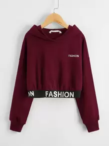 SHEIN Girls Drop Shoulder Reflective Letter Graphic Crop Hoodie - Maroon - View 1