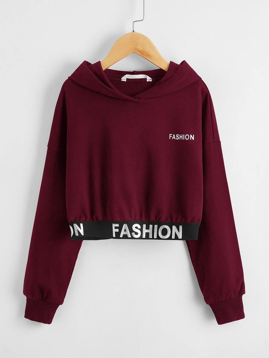 SHEIN Girls Drop Shoulder Reflective Letter Graphic Crop Hoodie - Maroon - View 1