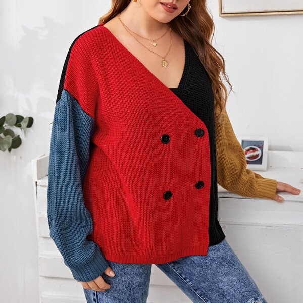 

Plus Cut And Sew Double Breasted Cardigan, Multicolor