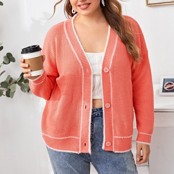 

Plus Button Front Contrast Binding Cardigan, Coral orange