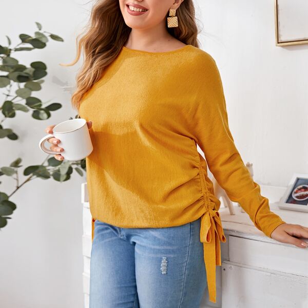 

Plus Batwing Sleeve Ruched Tie Side Sweater, Mustard yellow