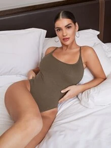 SHEIN BAE 後開式羅紋針織吊帶連體衣 - 灰色 - 查看 3