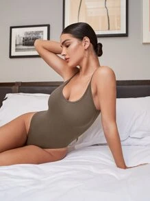 SHEIN BAE 後開式羅紋針織吊帶連體衣 - 灰色 - 查看 5