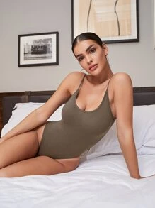 SHEIN BAE 後開式羅紋針織吊帶連體衣 - 灰色 - 查看 6