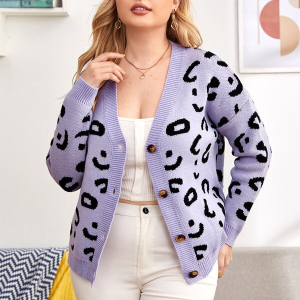 

Plus Single Breasted Drop Shoulder Leopard Cardigan, Lilac purple