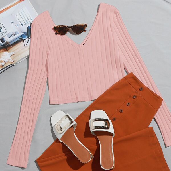 

Rib-knit Crop Top, Pastel baby pink