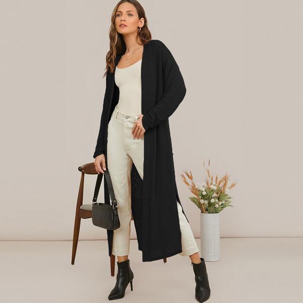 

Drop Shoulder Split Hem Open Front Coat, Black