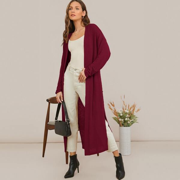 

Drop Shoulder Split Hem Open Front Coat, Burgundy