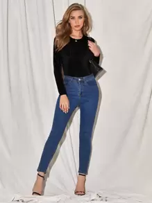 SHEIN Privé Camiseta delgada de terciopelo unicolor - Negro - Ver 5