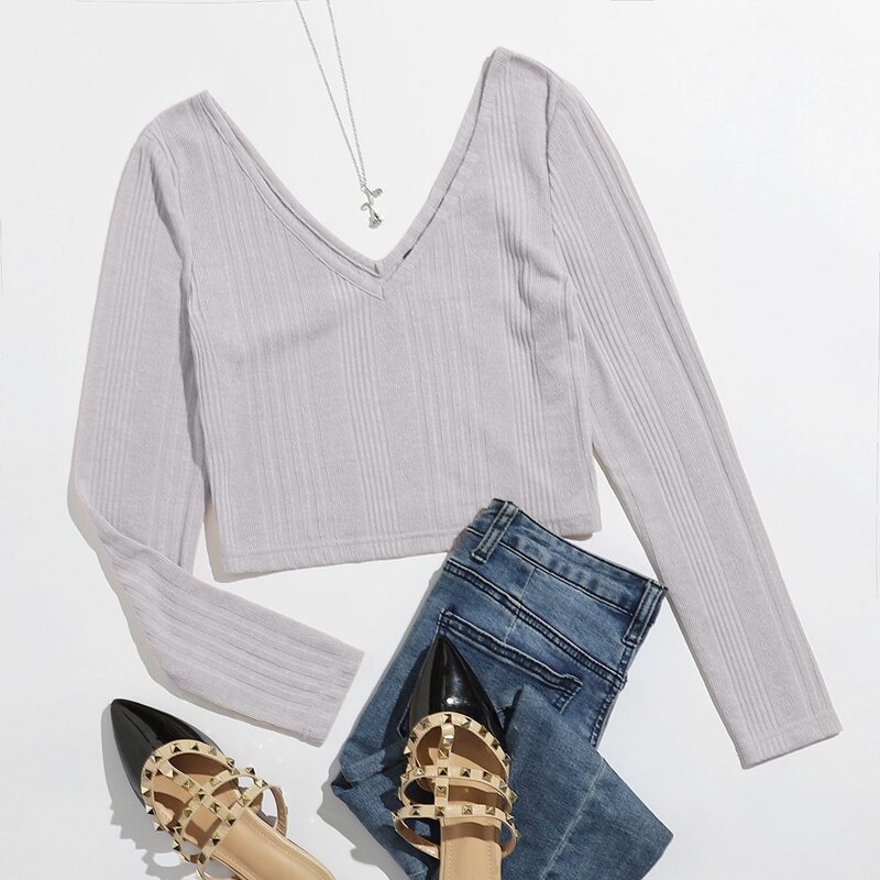 

V Neck Rib-knit Crop Tee, Light grey