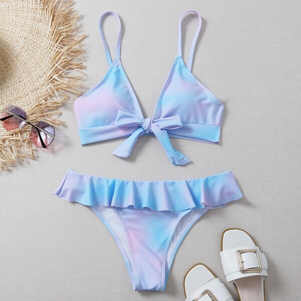 

Tie Dye Ruffle Hem Bikini Swimsuit, Multicolor