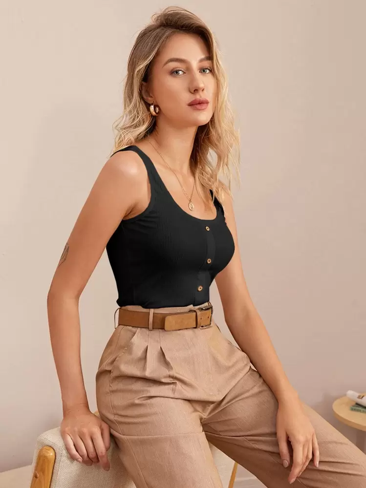 SHEIN Frenchy Top tank tejido de canalé con botón delantero - Negro - Añade 1