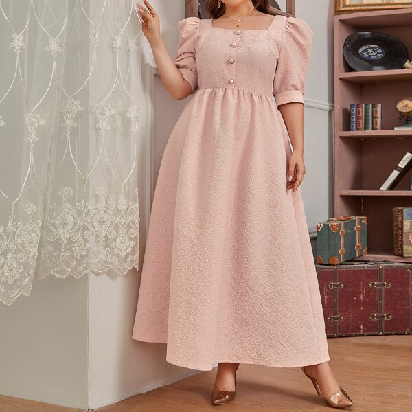 

Plus Button Front Puff Sleeve Maxi Dress, Baby pink
