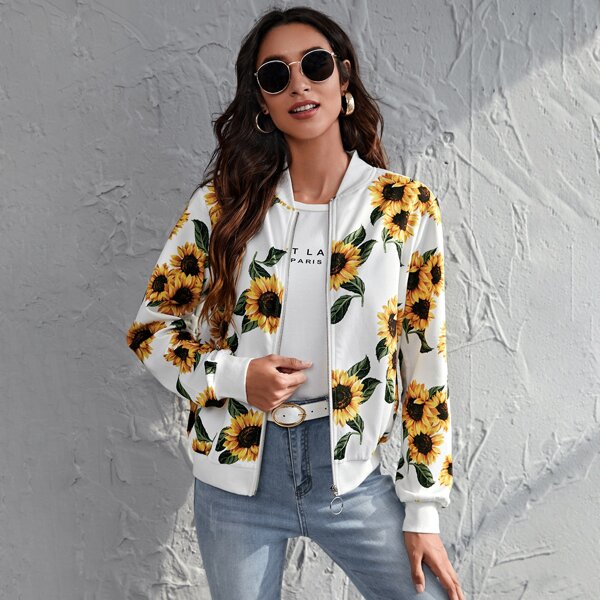

Sunflower Print Zipper Up Bomber Jacket, Multicolor