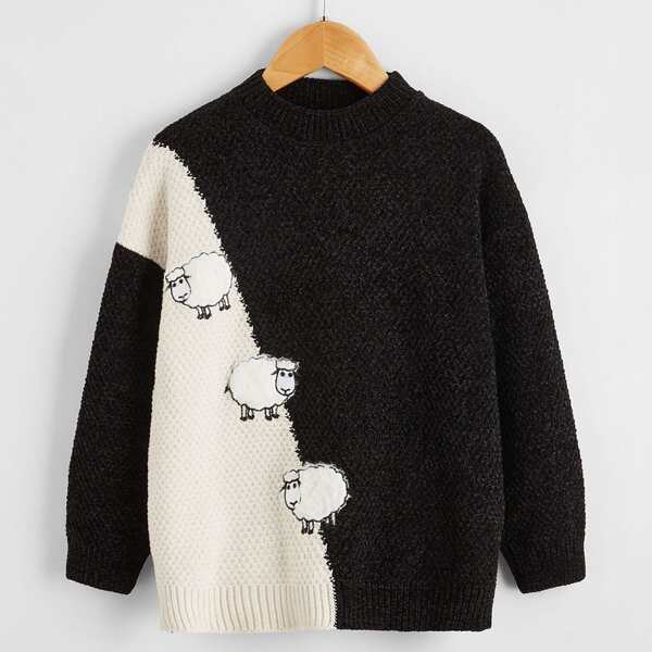 

Girls Colorblock Sheep Embroidery Sweater, Black