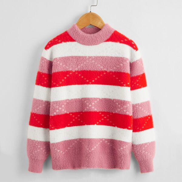 

Girls Striped & Argyle Pattern Colorblock Fluffy Knit Sweater, Multicolor