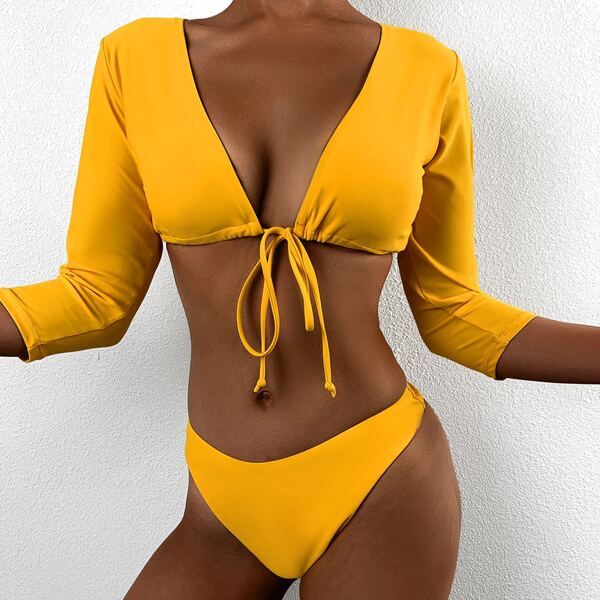 

Knot Detail High Cut Bikini Swimsuit, Yellow