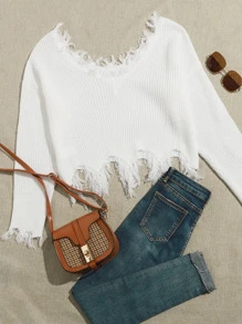 SHEIN Unity 落肩做舊邊毛衣 - 白色 - 查看 1