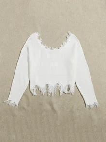 SHEIN Unity 落肩做舊邊毛衣 - 白色 - 查看 2