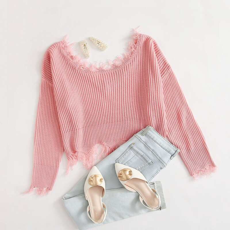 

Drop Shoulder Distressed Trim Sweater, Pastel coral pink