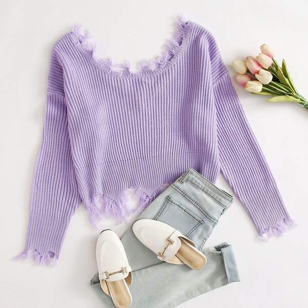 

Drop Shoulder Distressed Trim Sweater, Lilac purple