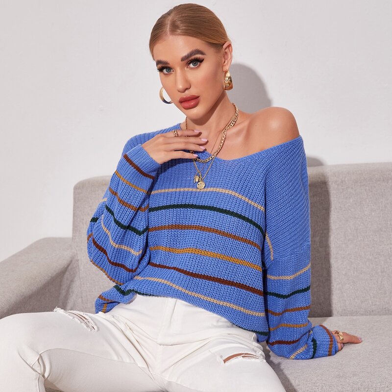 

Drop Shoulder Striped Sweater, Blue