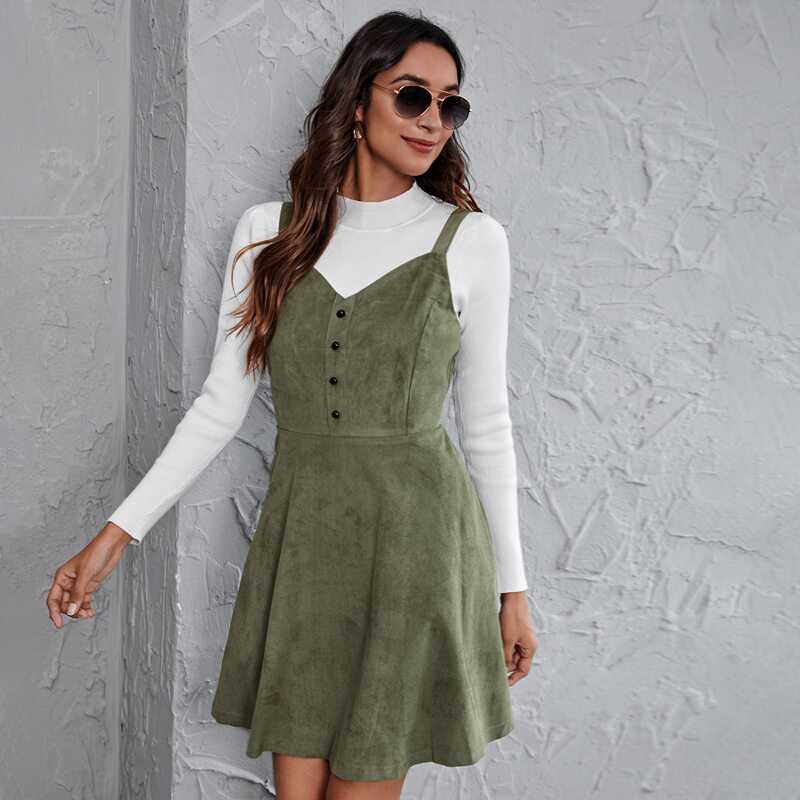 

Button Front Suede Cami Dress, Army green