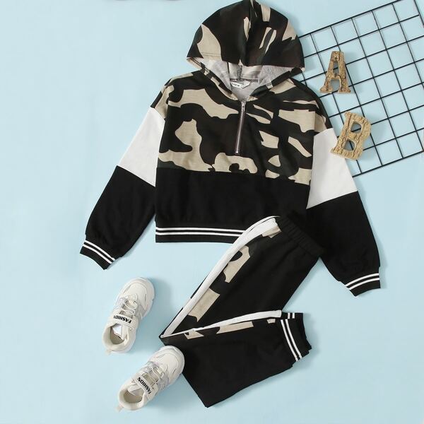 

Girls Zipper Half Placket Camo Colorblock Hoodie & Sweatpants Set, Multicolor