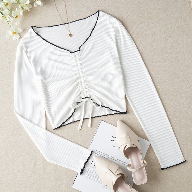 

Contrast Lettuce Trim Ruched Tee, White