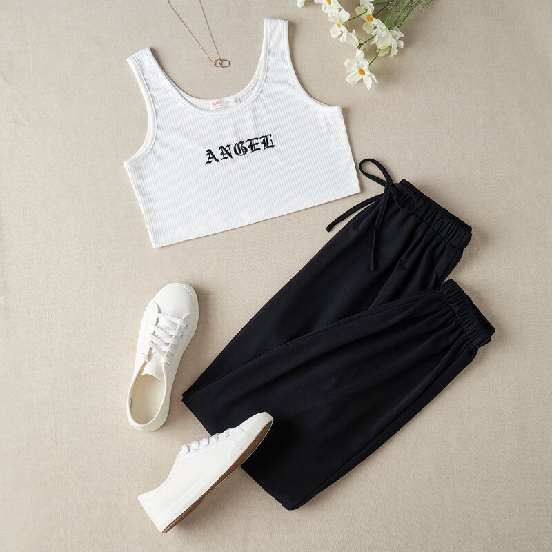

Letter Embroidery Tank & Sweatpants, Black and white