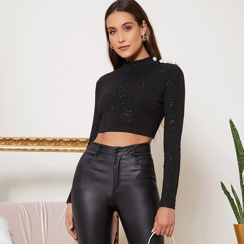 

Mock Neck Buttoned Shoulder Glitter Crop Top, Black