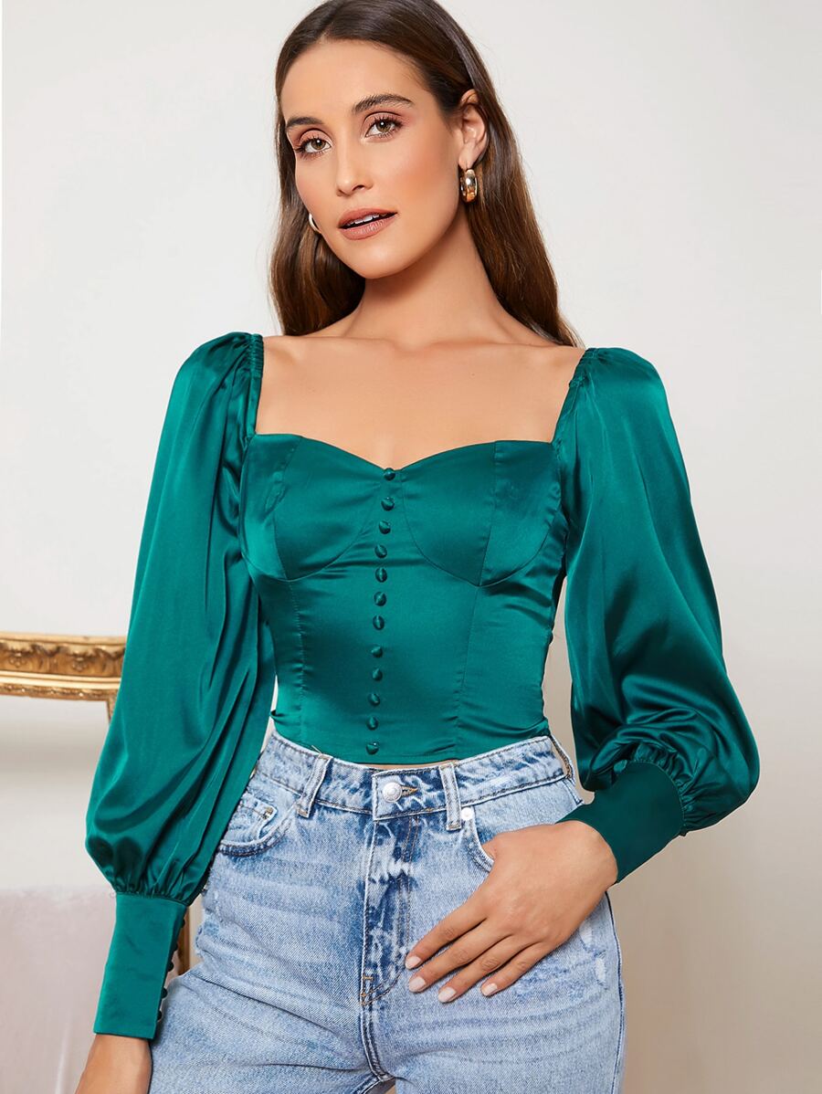 SHEIN Button Front Lantern Sleeve Satin Milkmaid Top - Teal Blue - View 1