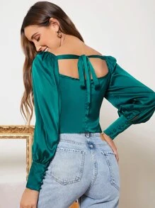 SHEIN Button Front Lantern Sleeve Satin Milkmaid Top - Teal Blue - View 2
