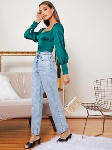 SHEIN Button Front Lantern Sleeve Satin Milkmaid Top - Teal Blue - View 3