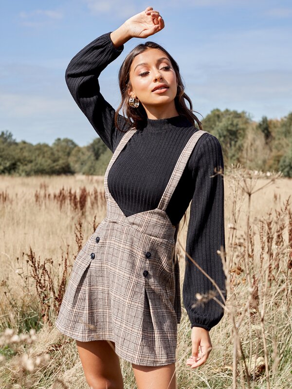 Button Front Fold Pleated Plaid Tweed 