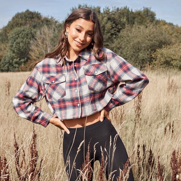 

Button Front Patch Pocket Plaid Top, Multicolor