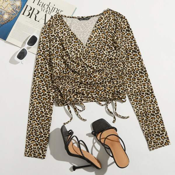 

Drawstring Ruched Leopard Tee, Multicolor