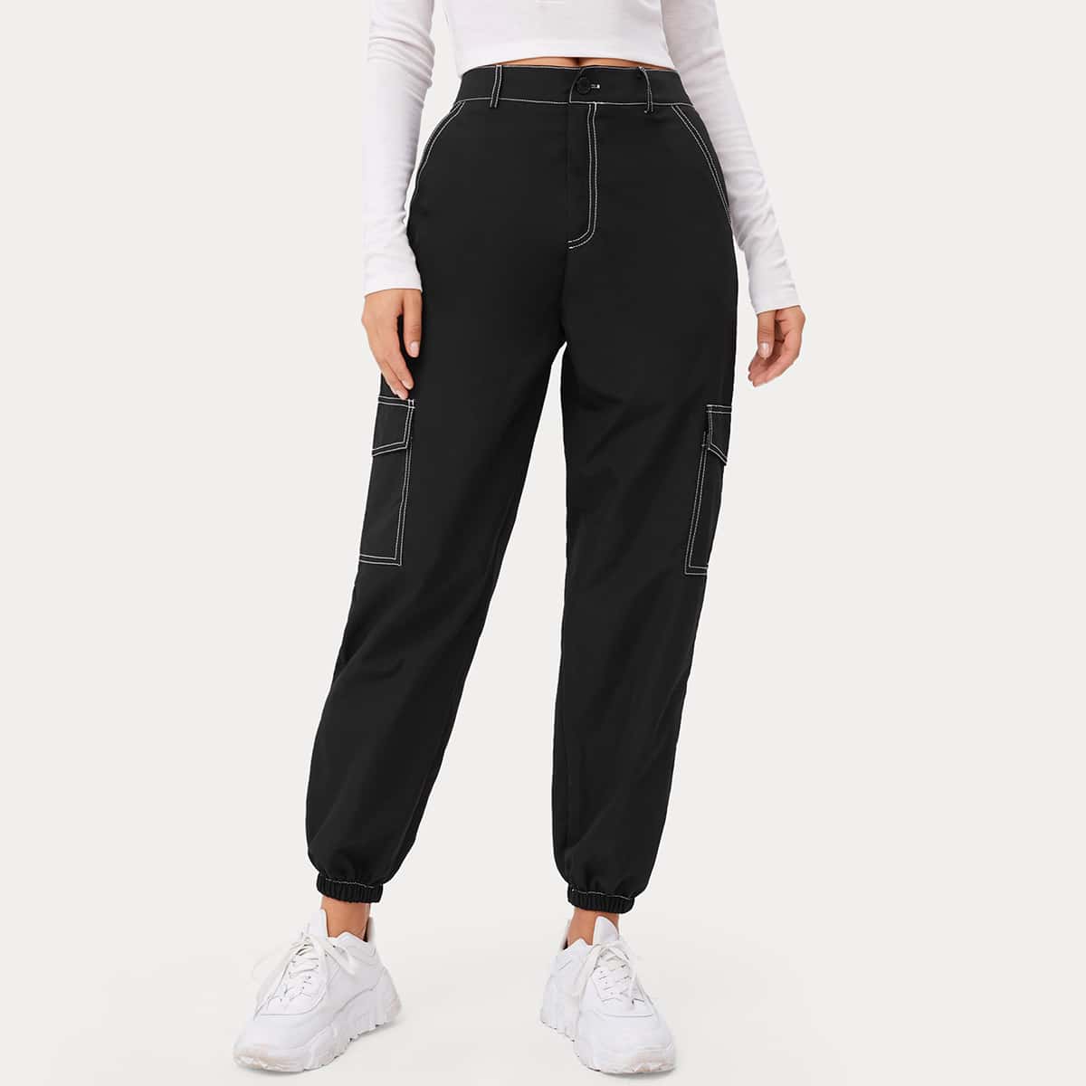 

Contrast Stitching Cargo Joggers, Black