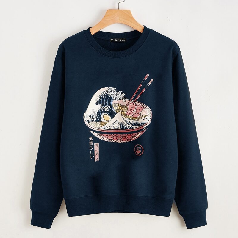

ROMWE X Vincenttrinidadart Sea Wave Graphic Pullover, Navy blue