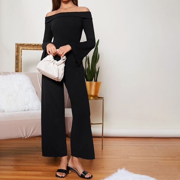 

Foldover Off Shoulder Wide Leg Jumpsuit, Black