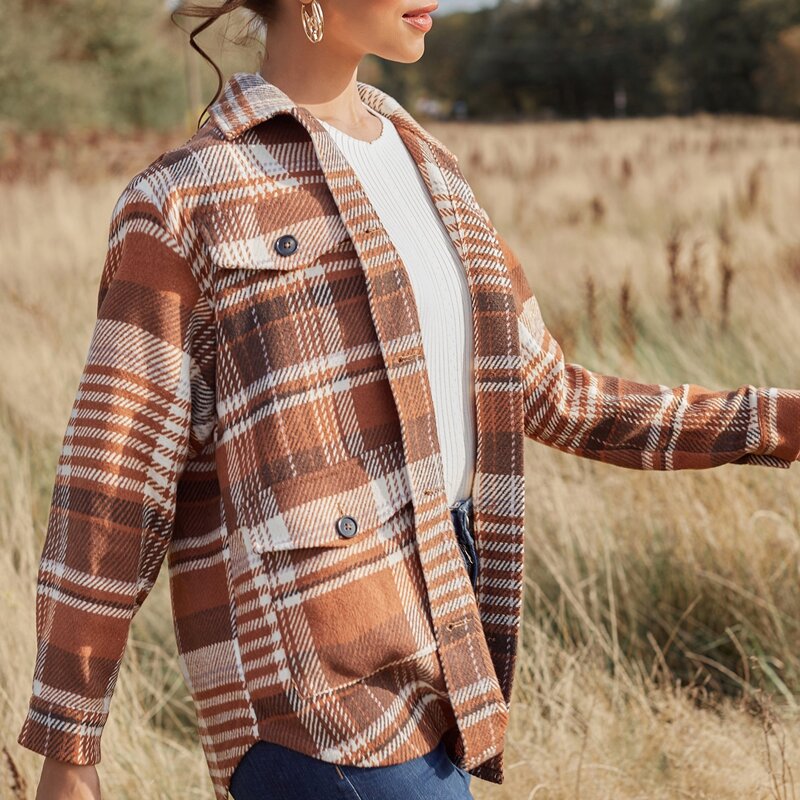 

Button Front Flap Pocket Plaid Coat, Multicolor