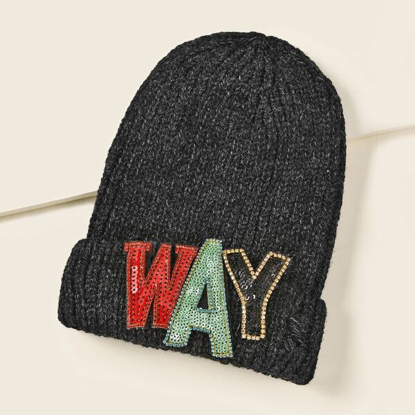 

Sequin Letter Decor Beanie, Black