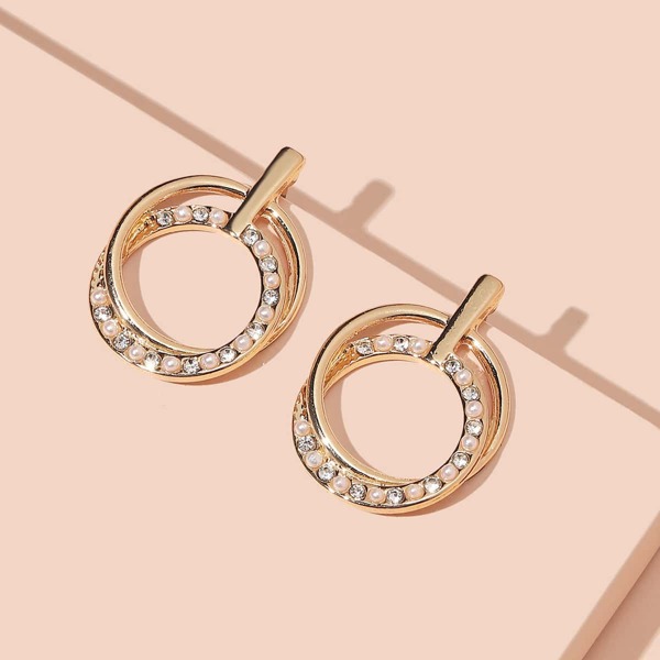 

Rhinestone Faux Pearl Round Stud Earrings, Gold