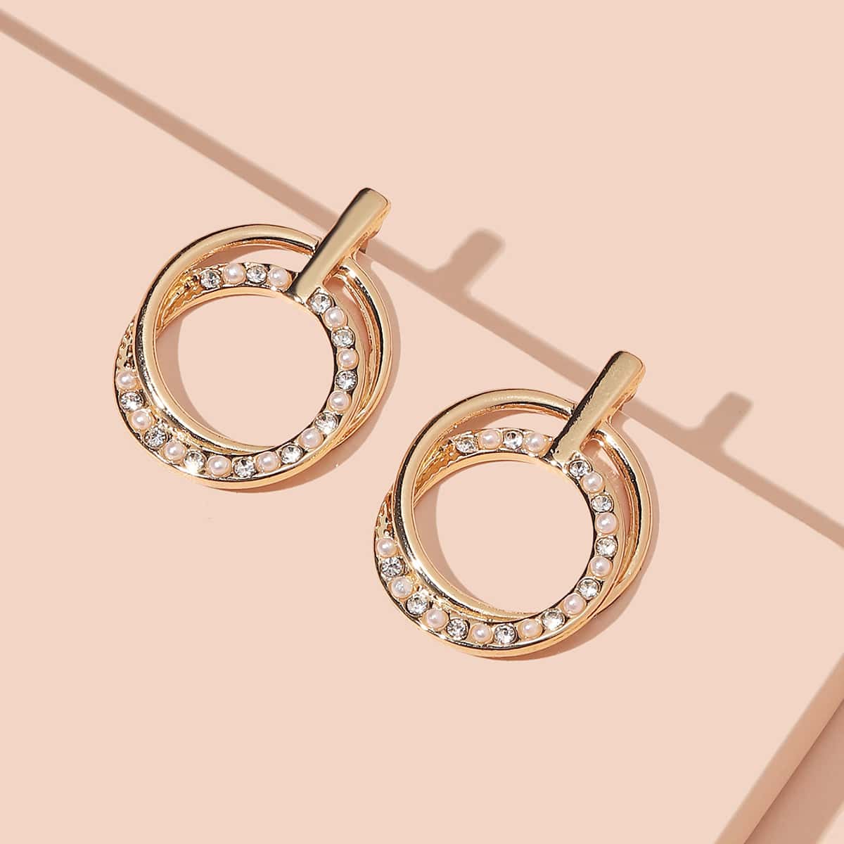 

Rhinestone Faux Pearl Round Stud Earrings, Gold