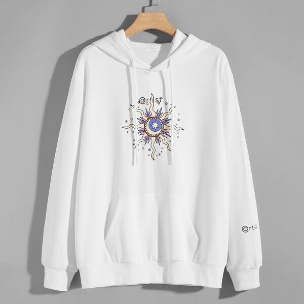 

Men Cartoon And Letter Graphic Kangaroo Pocket Drawstring Hoodie, White