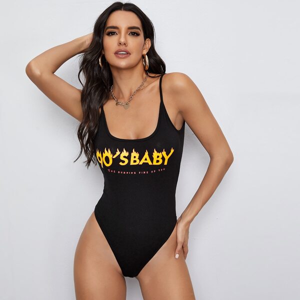 

Slogan Graphic Open Back Cami Bodysuit, Black