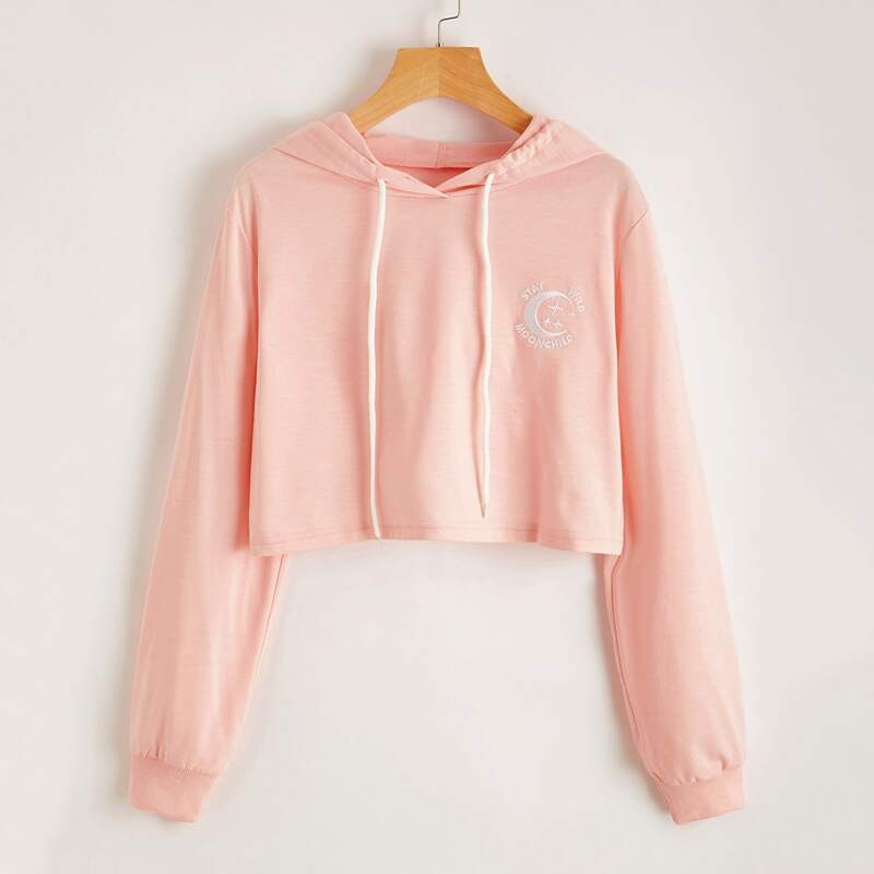 

Moon Embroidery Hoodie, Baby pink